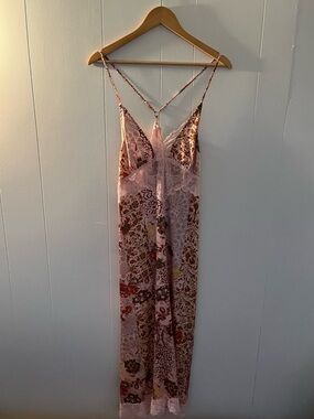Free People Pink Lace Trim Slip with Printed Straps